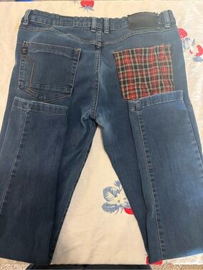 Men's Blue Patchwork Jeans with Plaid Accent